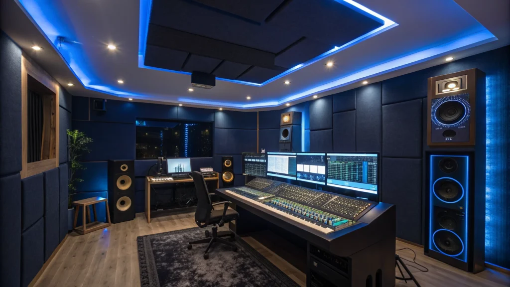 Professional music recording studio with high-end mixing console and blue ambient lighting