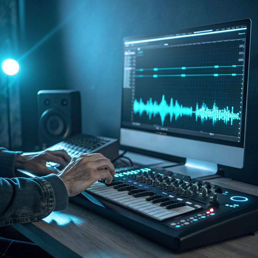 Music producer working on a digital audio workstation in a dark studio