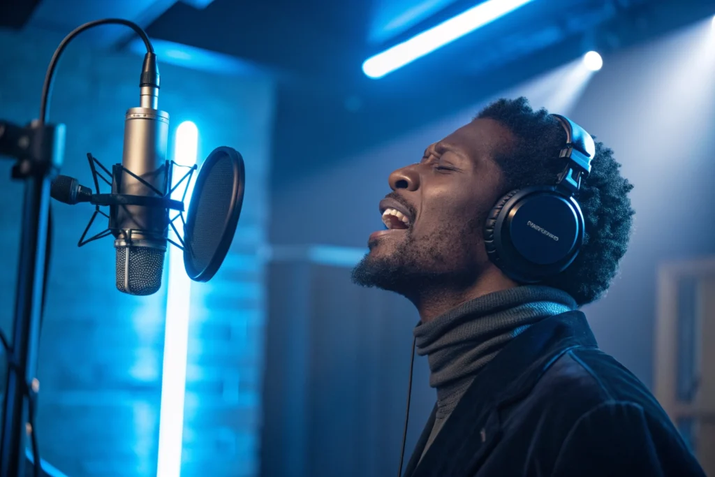 Vocalist recording in a professional studio booth
