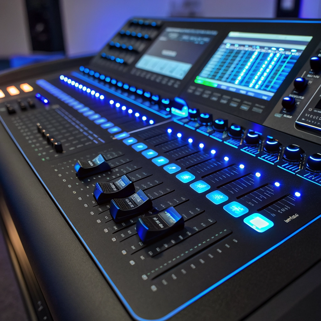Professional mixing console with glowing faders in a dark studio